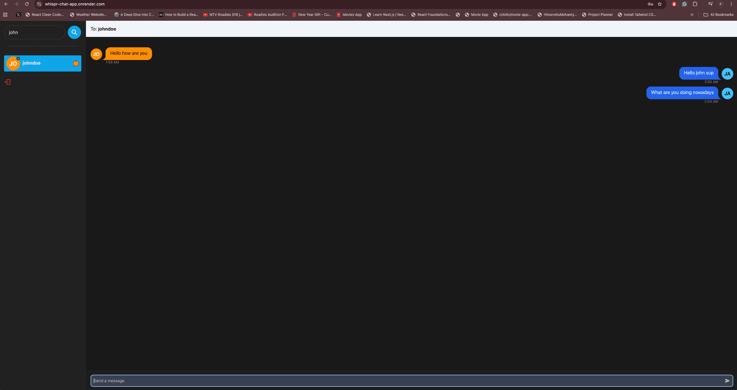 Whispr desktop chat screen with user search