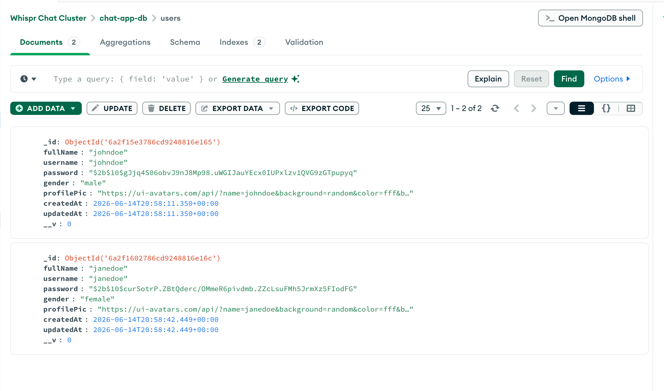 Whispr MongoDB users collection